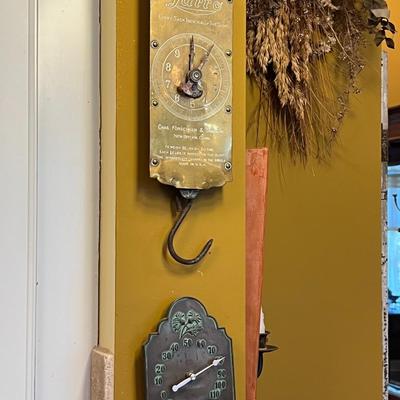 Vintage metal Feed Scale and Wall Thermometer
