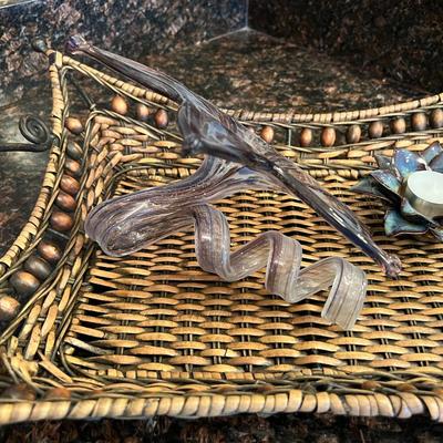 Wicker and Metal Tray with Blown Glass Lily Lot