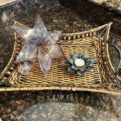 Wicker and Metal Tray with Blown Glass Lily Lot