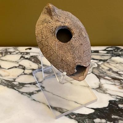 Antique Terracotta Oil Lamp w/ Display Pedestal