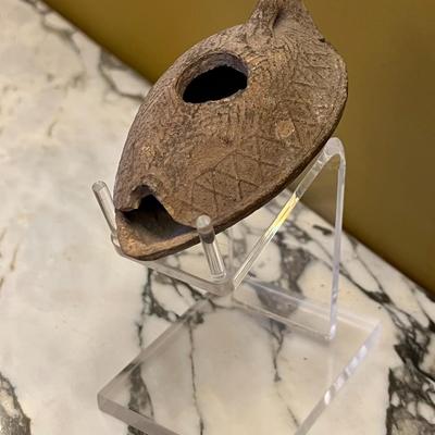 Antique Terracotta Oil Lamp w/ Display Pedestal