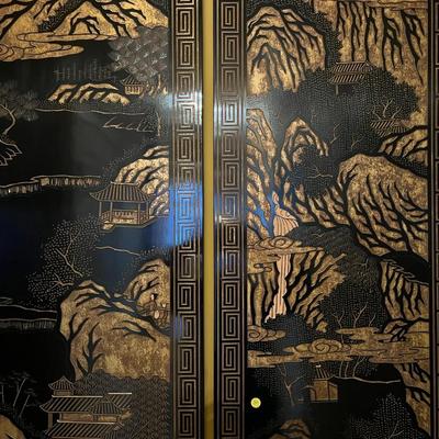 Early 20th Century Pair of Lacquer Chinese Panels of Carved Landscape- 70" H x 18" W Per Panel (est value $200-$400)