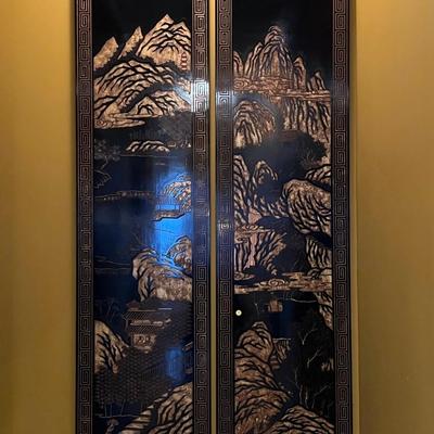 Early 20th Century Pair of Lacquer Chinese Panels of Carved Landscape- 70" H x 18" W Per Panel (est value $200-$400)