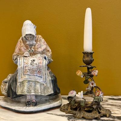 "Lagarterana bordando" by Antonio Peyro Mezquita- glazed ceramic 1930. Antique Brass w/ Flowers Candle Stick.