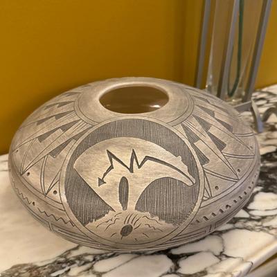 Pottery Vase by Dwayne Blackhorse w/ Mid-Century Modern Chrome Vases