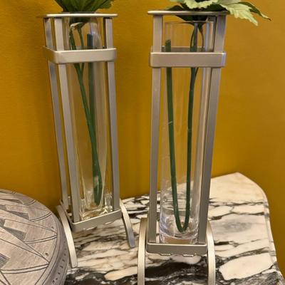 Pottery Vase by Dwayne Blackhorse w/ Mid-Century Modern Chrome Vases
