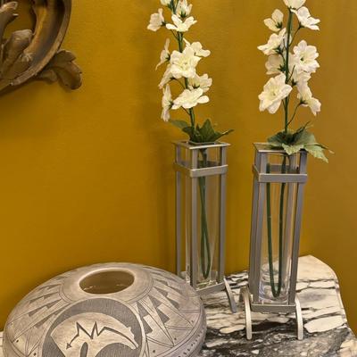 Pottery Vase by Dwayne Blackhorse w/ Mid-Century Modern Chrome Vases