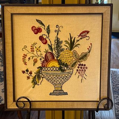 Framed Crewel Embroidery Art- Fruit Bowl