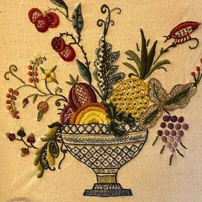 Framed Crewel Embroidery Art- Fruit Bowl