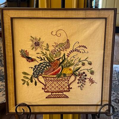 Framed Crewel Embroidery Art- Fruit Bowl w/ Humming Bird