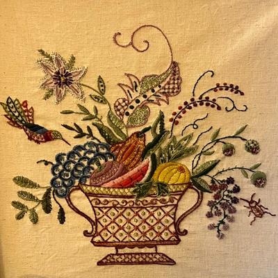 Framed Crewel Embroidery Art- Fruit Bowl w/ Humming Bird