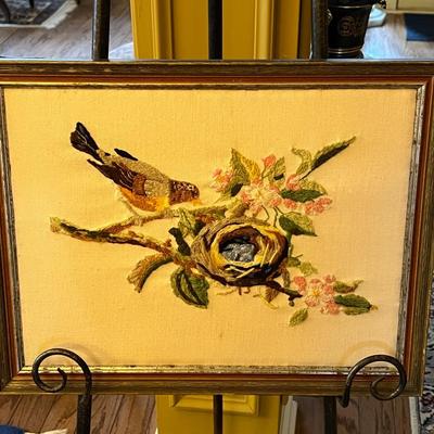 Framed Crewel Embroidery Art- Bird Nest