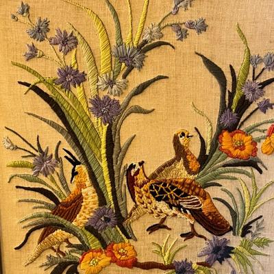 Framed Crewel Embroidery Art- Quails in Flowers