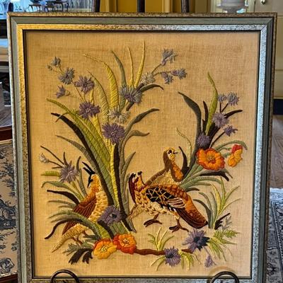 Framed Crewel Embroidery Art- Quails in Flowers