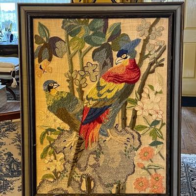 Framed Crewel Embroidery Art- Parrot