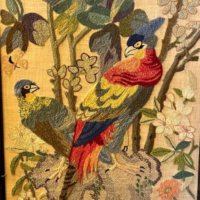 Framed Crewel Embroidery Art- Parrot