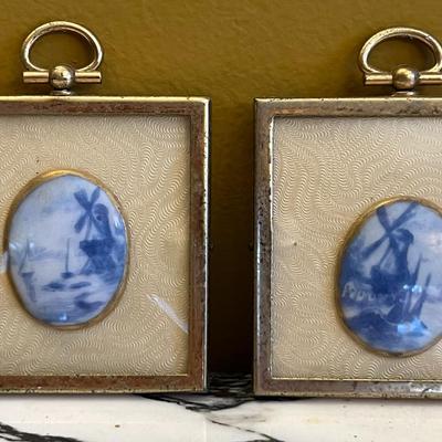 Antique Framed Blue and White Delft Brooches