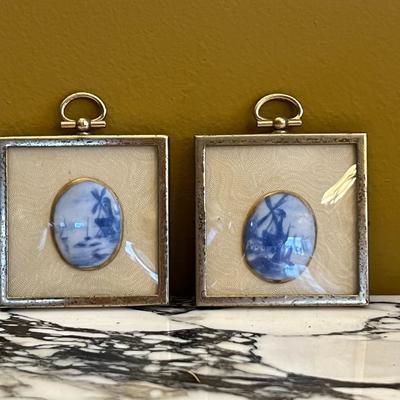 Antique Framed Blue and White Delft Brooches
