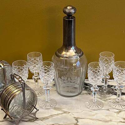 Decanter Set with Sterling Silver Neck and Stopper Lot