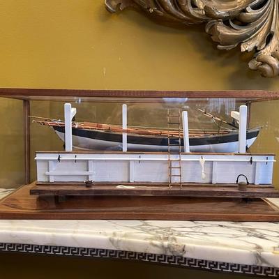 Handmade and Painted Wooden Ship Model with Glass Display Case
