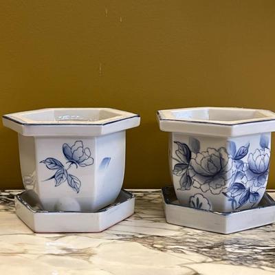 Set of 2 Small Blue & White Porcelain Pots