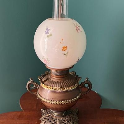 Antique Parlor Oil Lamp with Ornate Urn Style Body and Metal Base