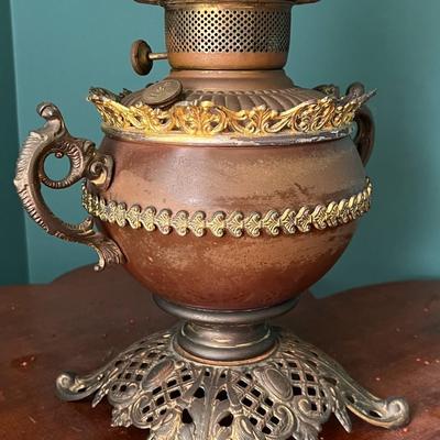 Antique Parlor Oil Lamp with Ornate Urn Style Body and Metal Base