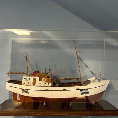 Handmade and Painted Wooden Sail Boat with Display Case