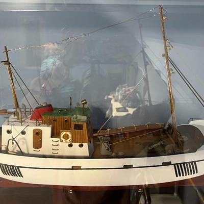Handmade and Painted Wooden Sail Boat with Display Case
