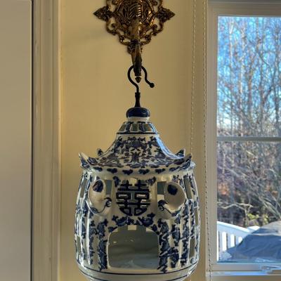 Asian Blue and White Porcelain Hanging Planter