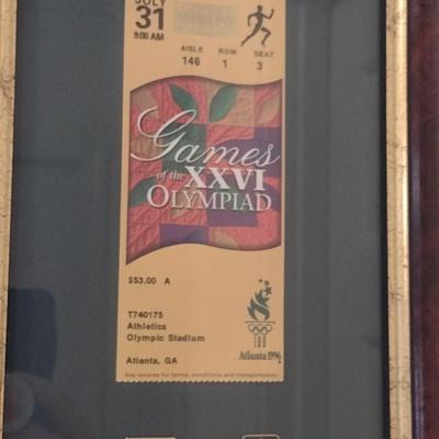 Atlanta 1996 Centennial Olympic Games Memorabilia Ticket and Pins Framed- Approx 8 1/4" x 14 3/4"