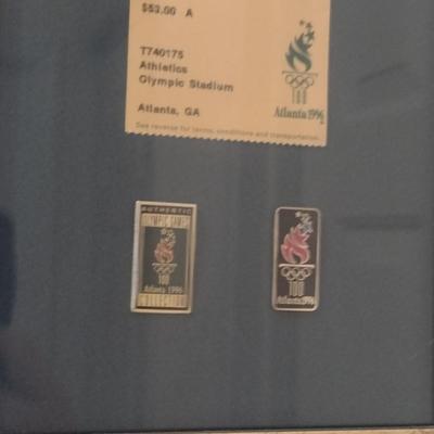 Atlanta 1996 Centennial Olympic Games Memorabilia Ticket and Pins Framed- Approx 8 1/4" x 14 3/4"