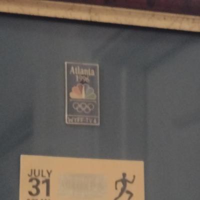Atlanta 1996 Centennial Olympic Games Memorabilia Ticket and Pins Framed- Approx 8 1/4" x 14 3/4"