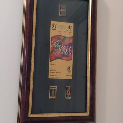 Atlanta 1996 Centennial Olympic Games Memorabilia Ticket and Pins Framed- Approx 8 1/4" x 14 3/4"