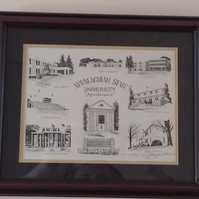 Framed Appalachian State University Buildings Theme Art- Approx 11 1/2" x 9 1/2"