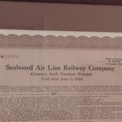 Seaboard Air Line Railway Company Stock Certificate- Framed Under Glass- Approx 16 1/4" x 13"