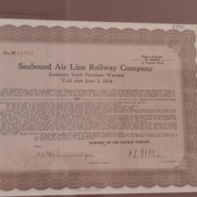 Seaboard Air Line Railway Company Stock Certificate- Framed Under Glass- Approx 16 1/4" x 13"