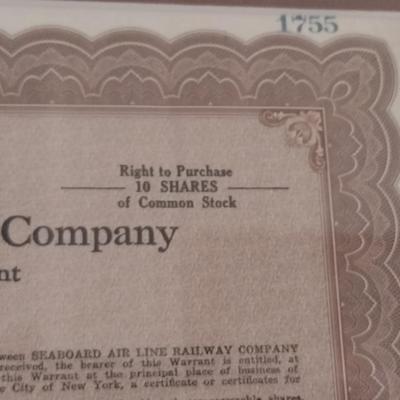 Seaboard Air Line Railway Company Stock Certificate- Framed Under Glass- Approx 16 1/4" x 13"