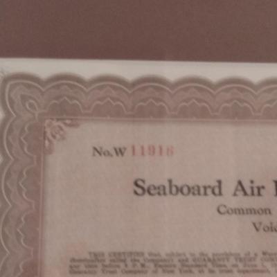 Seaboard Air Line Railway Company Stock Certificate- Framed Under Glass- Approx 16 1/4" x 13"