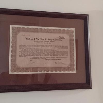 Seaboard Air Line Railway Company Stock Certificate- Framed Under Glass- Approx 16 1/4" x 13"