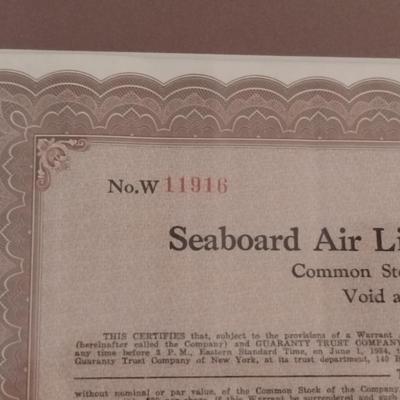Seaboard Air Line Railway Company Stock Certificate- Framed Under Glass- Approx 16 1/4" x 13"