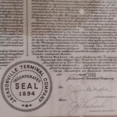 Jacksonville Terminal Company Trustee's Certificate- Framed Under Glass- Approx 15" x 20"