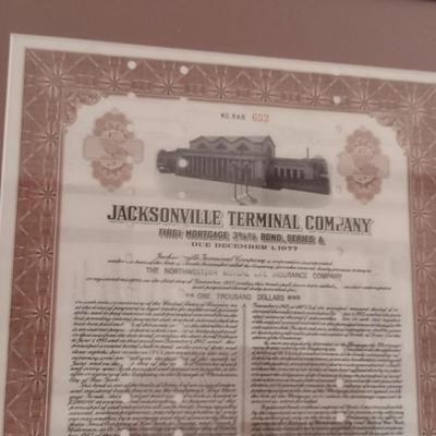 Jacksonville Terminal Company Trustee's Certificate- Framed Under Glass- Approx 15" x 20"