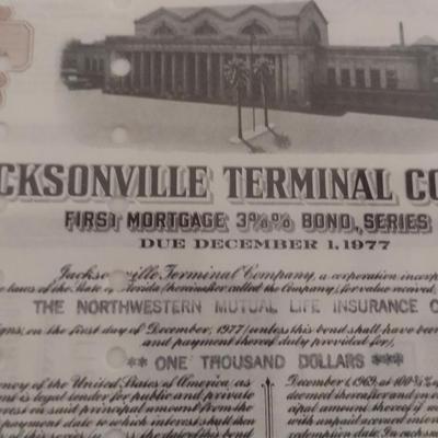 Jacksonville Terminal Company Trustee's Certificate- Framed Under Glass- Approx 15" x 20"