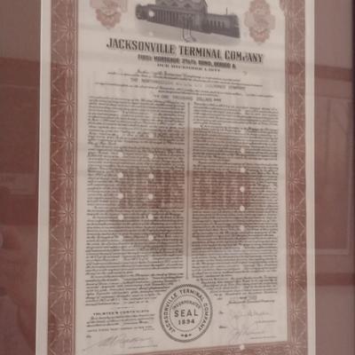 Jacksonville Terminal Company Trustee's Certificate- Framed Under Glass- Approx 15" x 20"