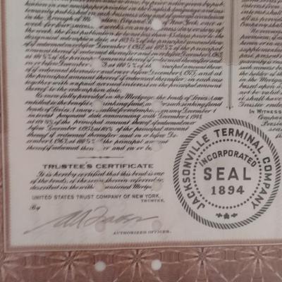 Jacksonville Terminal Company Trustee's Certificate- Framed Under Glass- Approx 15" x 20"
