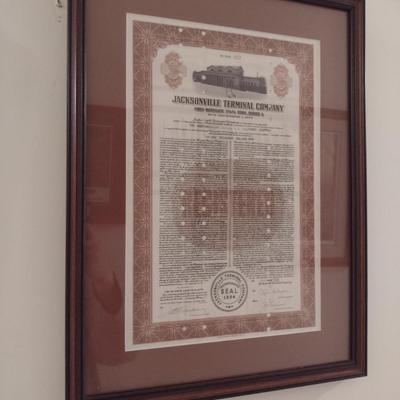 Jacksonville Terminal Company Trustee's Certificate- Framed Under Glass- Approx 15" x 20"