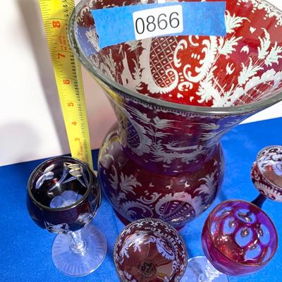 Red Cut To Clear Vase w/ varying stemware