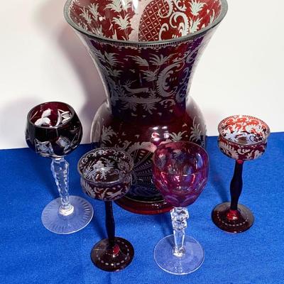 Red Cut To Clear Vase w/ varying stemware