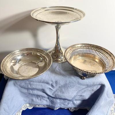Sterling Silver Raised Compote & Two Nut Bowls